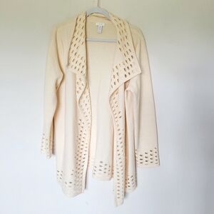 Chico's 100% Wool Longline Cardigan Ivory Perforated Pointelle Cutout Detail